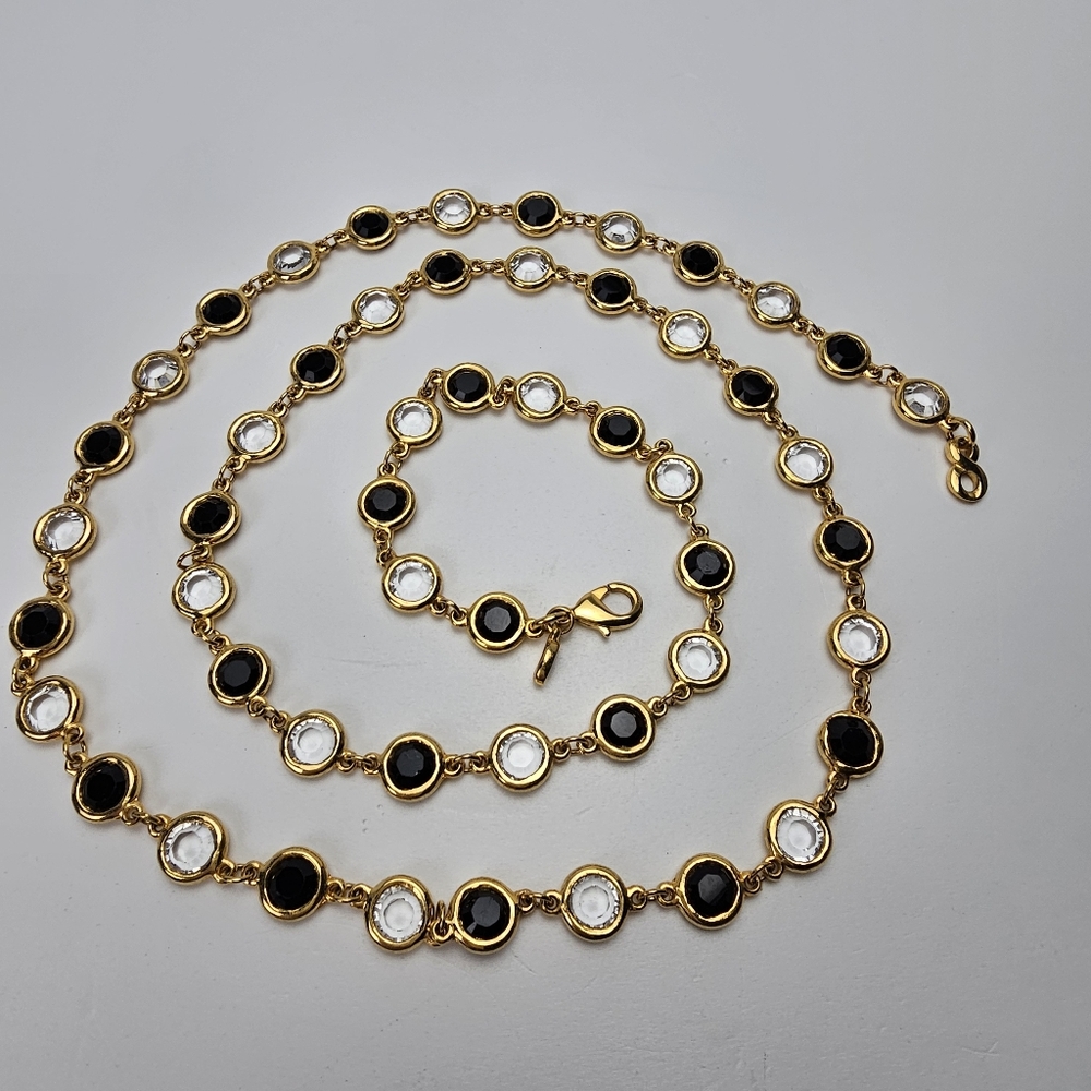 Kenneth Jay Lane 34" Black/Clear Gemstone Bezel Necklace Gold Tone Signed